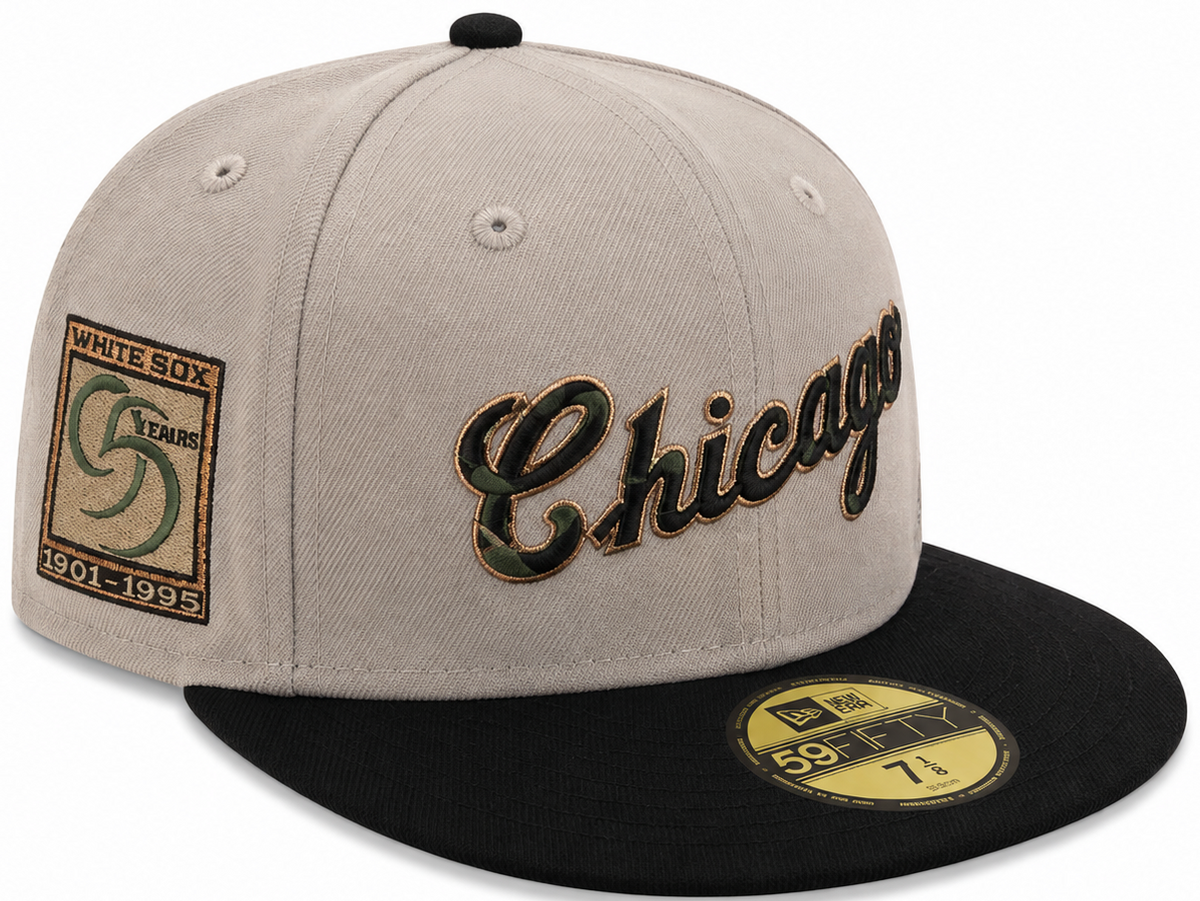 Chicago Script gray/black New Era 59FIFTY fitted hat - back view