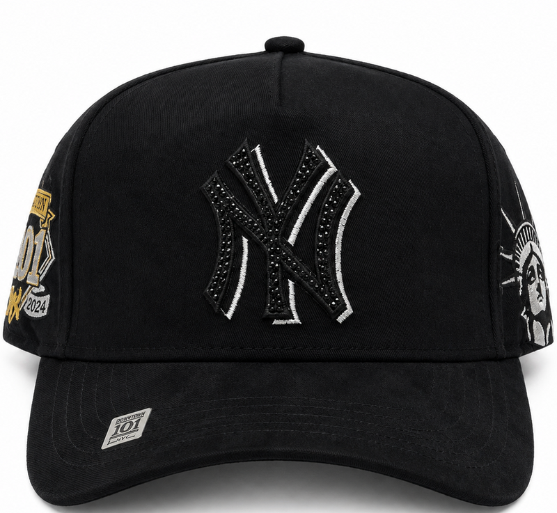 Black NY Downtown 101 Statue of Liberty hat with rhinestone NY logo - front view