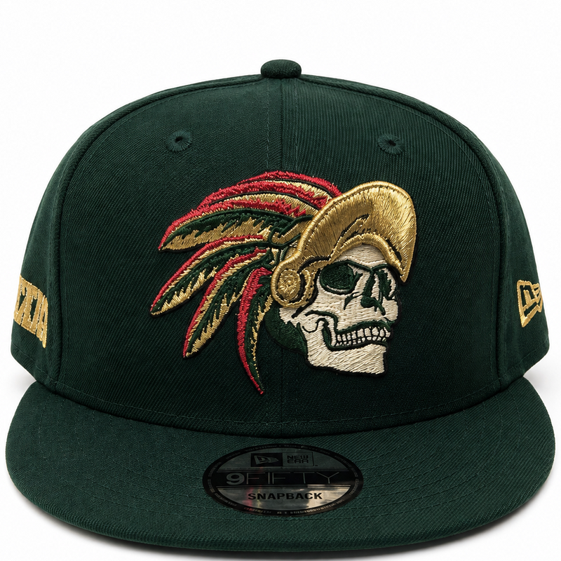 Aztec warrior skull forest green snapback hat - front view