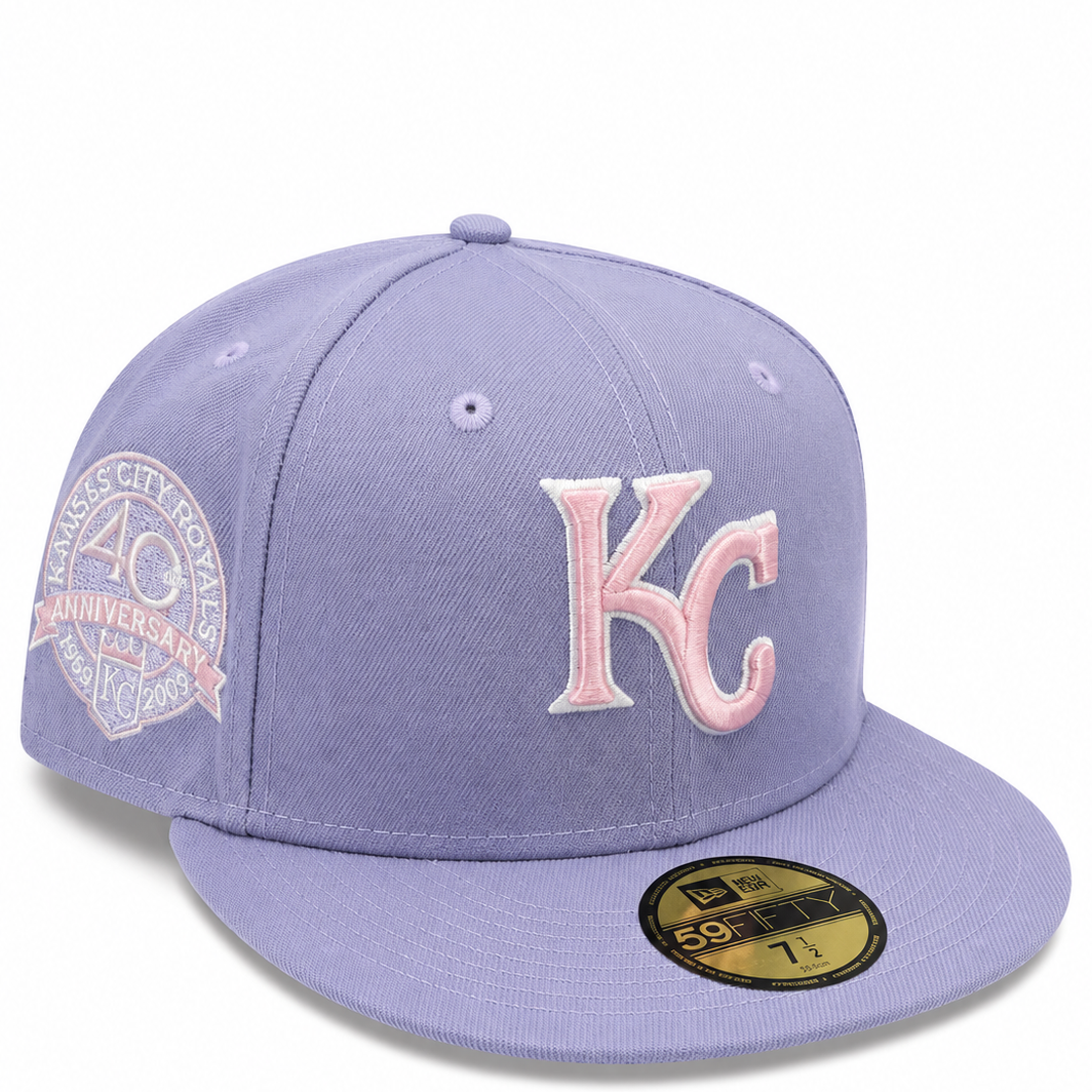 Kansas City Royals lavender and pink New Era 59FIFTY fitted hat - side view