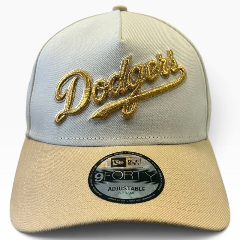 Los Angeles Dodgers cream and tan gold script New Era 9FORTY A-Frame adjustable hat - side view