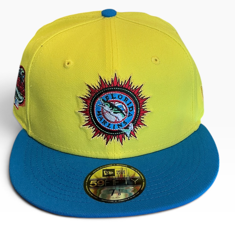 Florida Marlins neon yellow and blue New Era 59FIFTY fitted hat - side view
