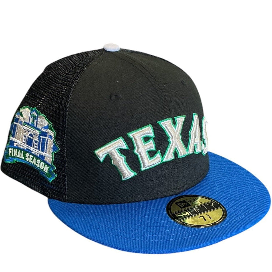 Texas Rangers black and royal blue Final Season New Era 59FIFTY fitted hat - front view