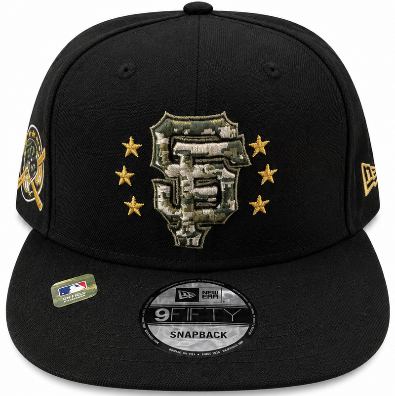 SF Giants black camo snapback with military-inspired side patch - side view