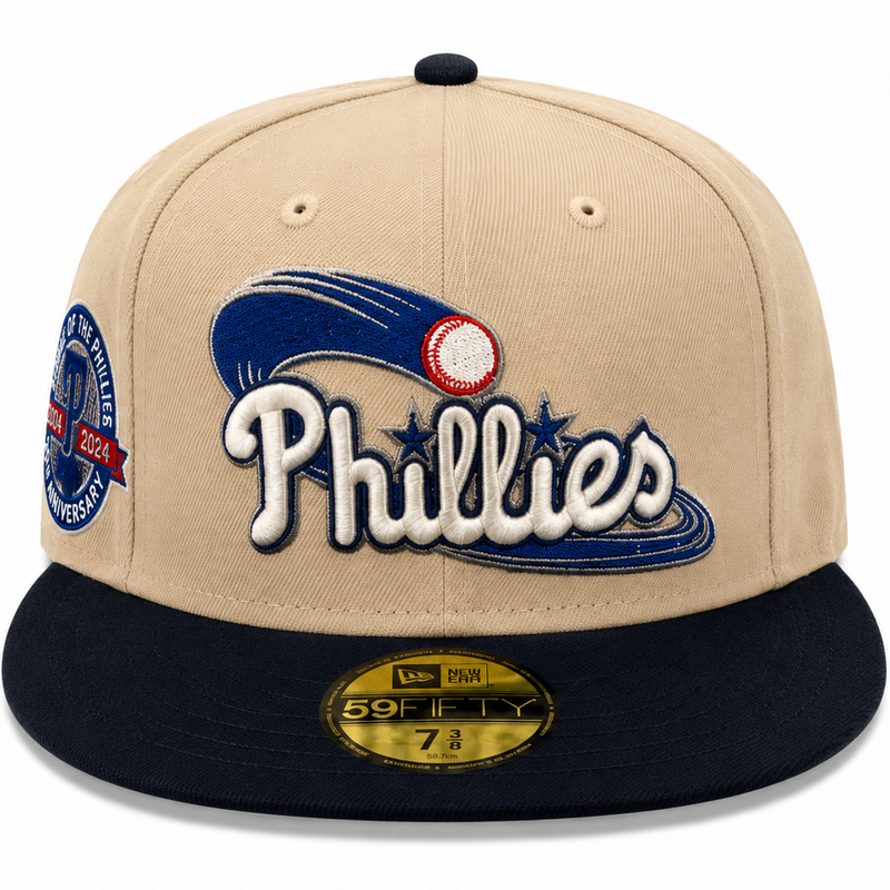 Philadelphia Phillies tan and navy New Era 59FIFTY fitted hat - front view