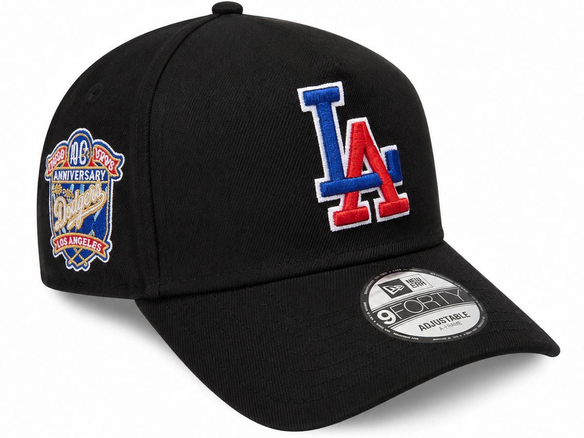 Los Angeles Dodgers black LA 9FORTY A-Frame adjustable hat with blue and red LA logo - front view