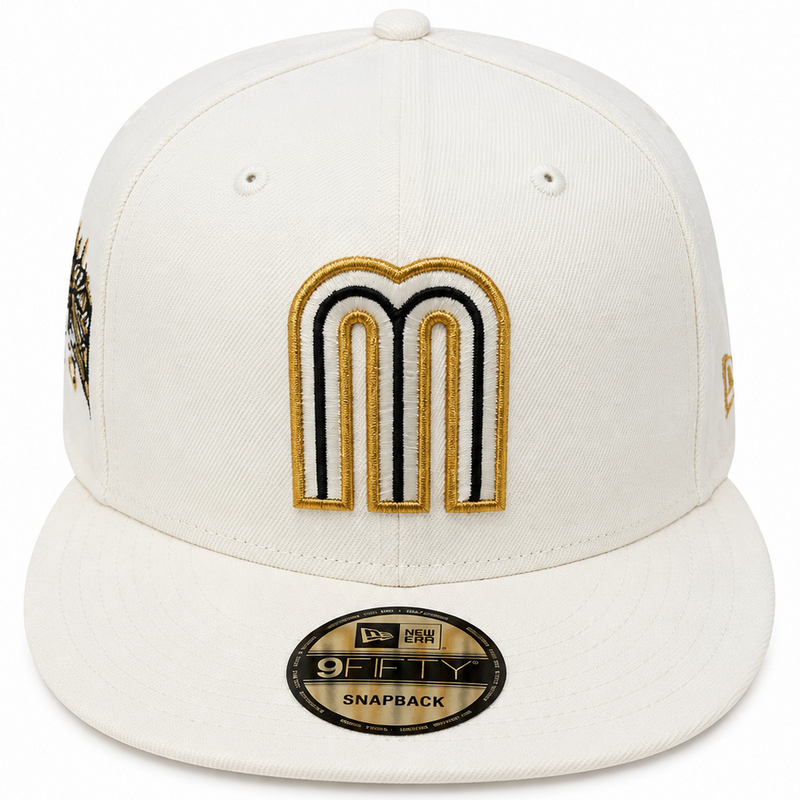 Cream and gold M logo snapback - back view