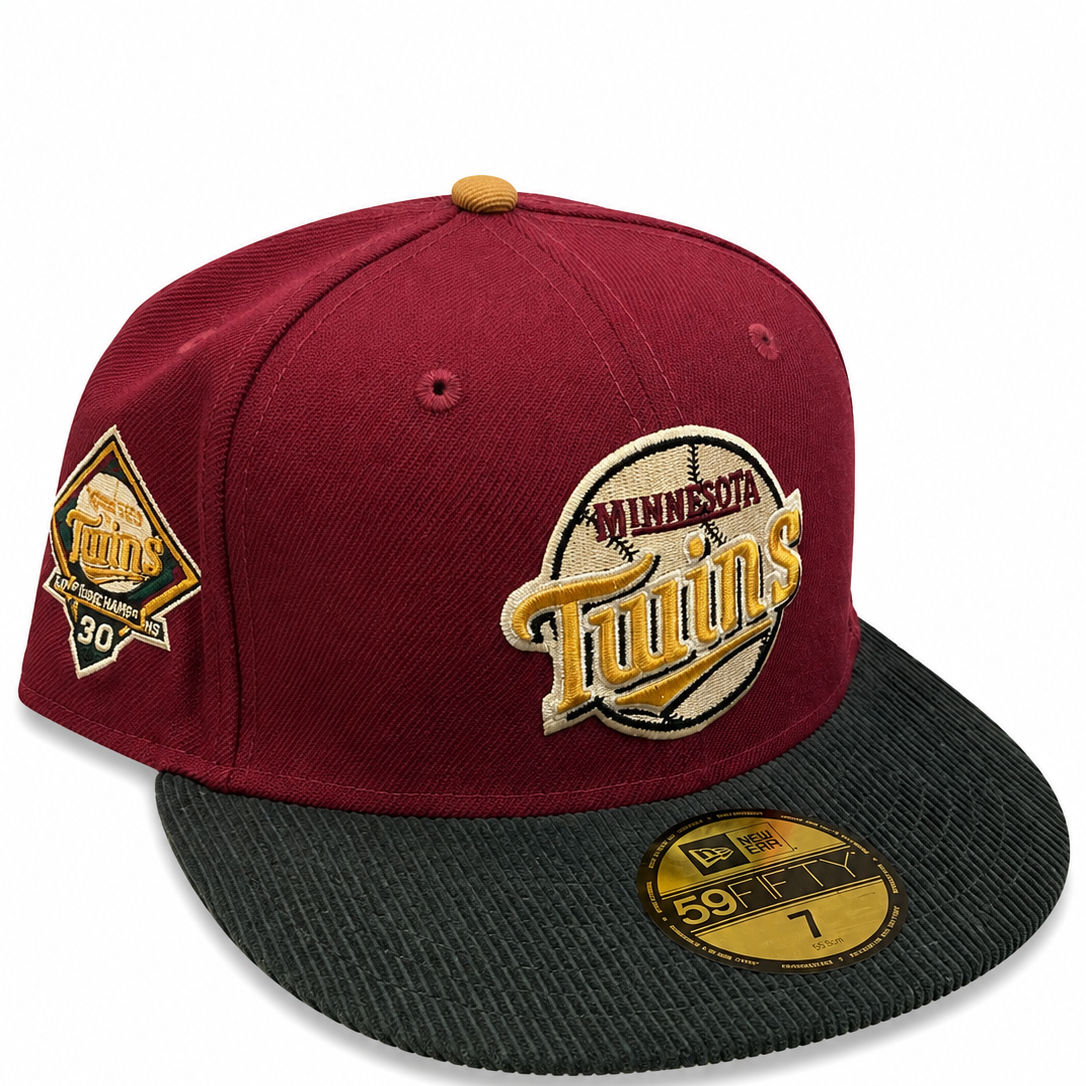 Minnesota Twins burgundy/black corduroy New Era 59FIFTY fitted hat - front view