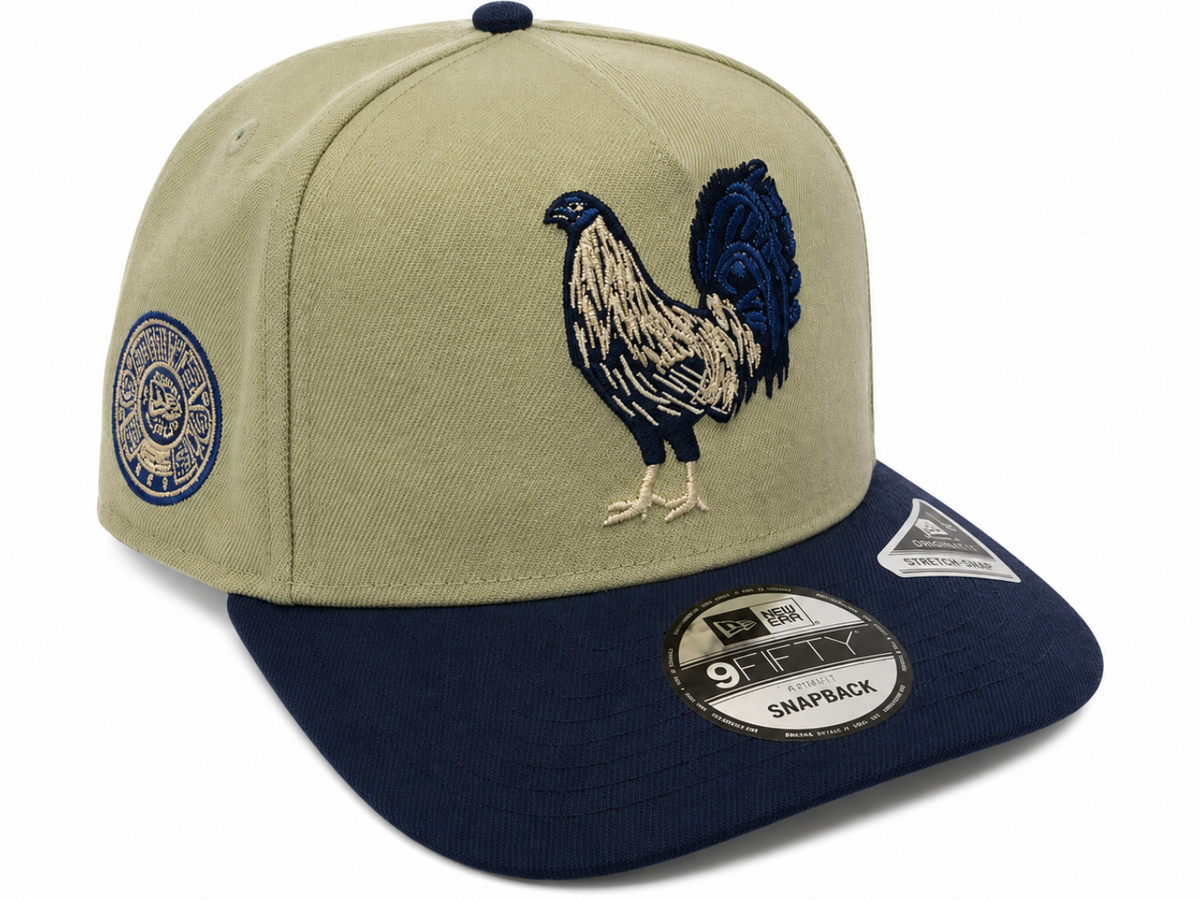 Rooster embroidered khaki & navy New Era 9FIFTY snapback hat - side view