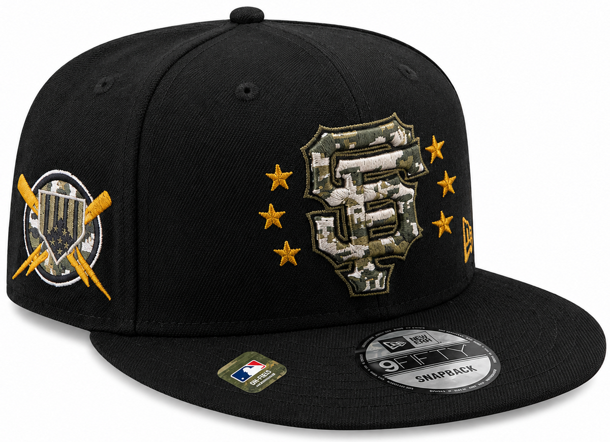 New Era San Francisco Giants black camo 9FIFTY snapback hat with camouflage SF logo and gold stars - front view