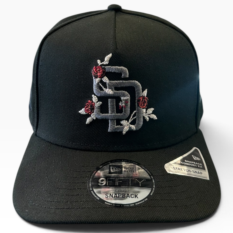 San Diego Padres black rose New Era 9FIFTY A-Frame snapback hat - side view