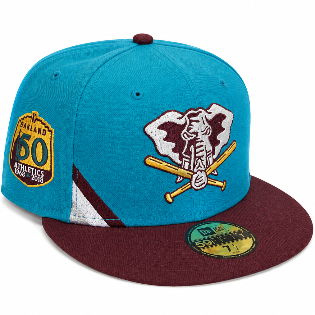 Oakland Athletics 50th Anniversary elephant teal and burgundy New Era 59FIFTY fitted hat – view 1