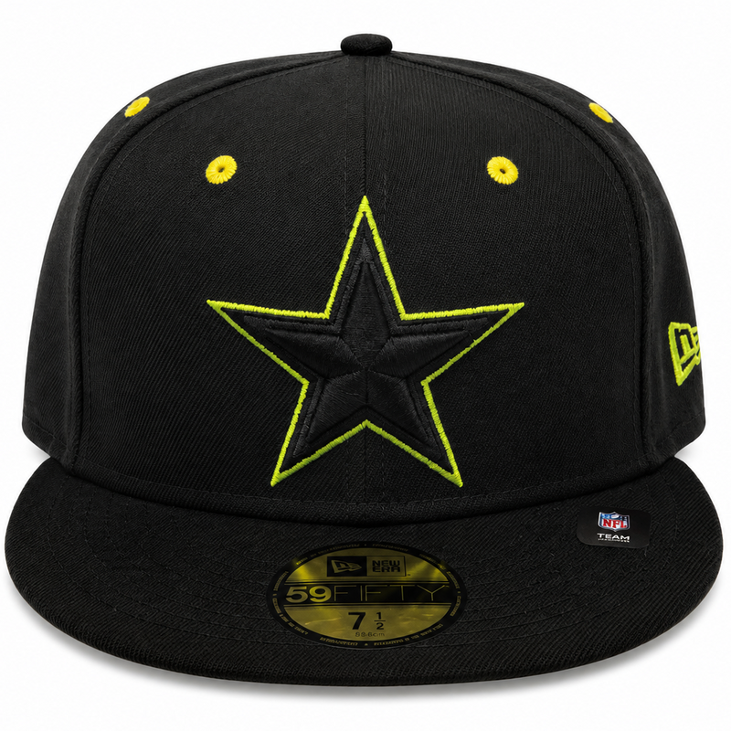 Dallas Cowboys black and neon yellow New Era 59FIFTY fitted hat - front view