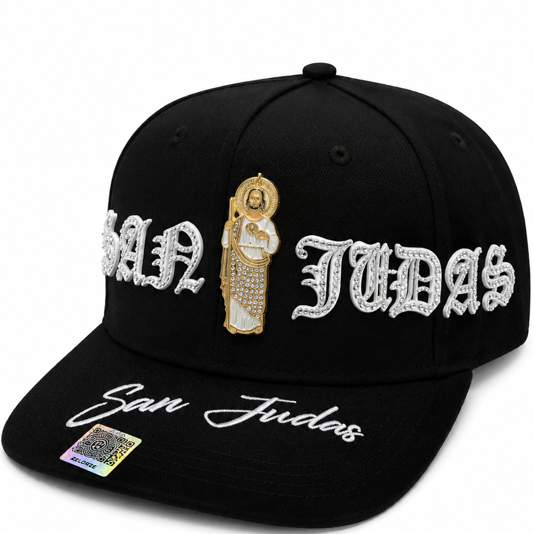 San Judas black rhinestone snapback - side view