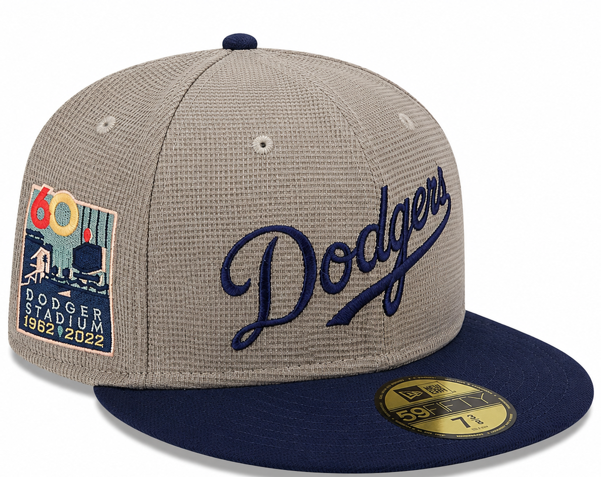 Los Angeles Dodgers taupe and navy New Era 59FIFTY fitted hat - side view