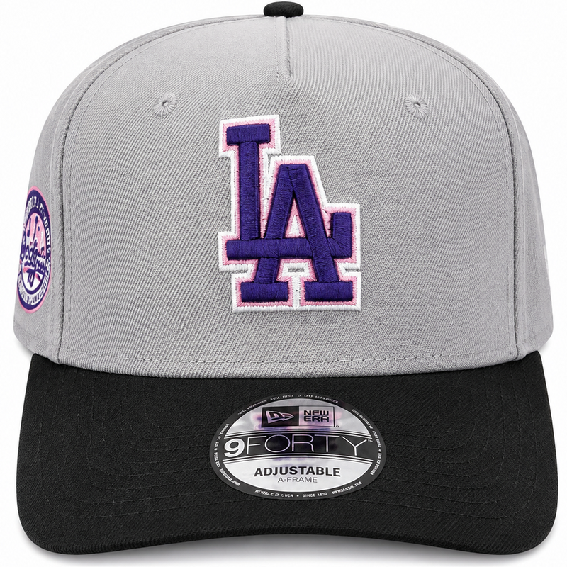 New Era Los Angeles Dodgers 60th Anniversary gray, black and purple 9FORTY A-Frame hat - front view